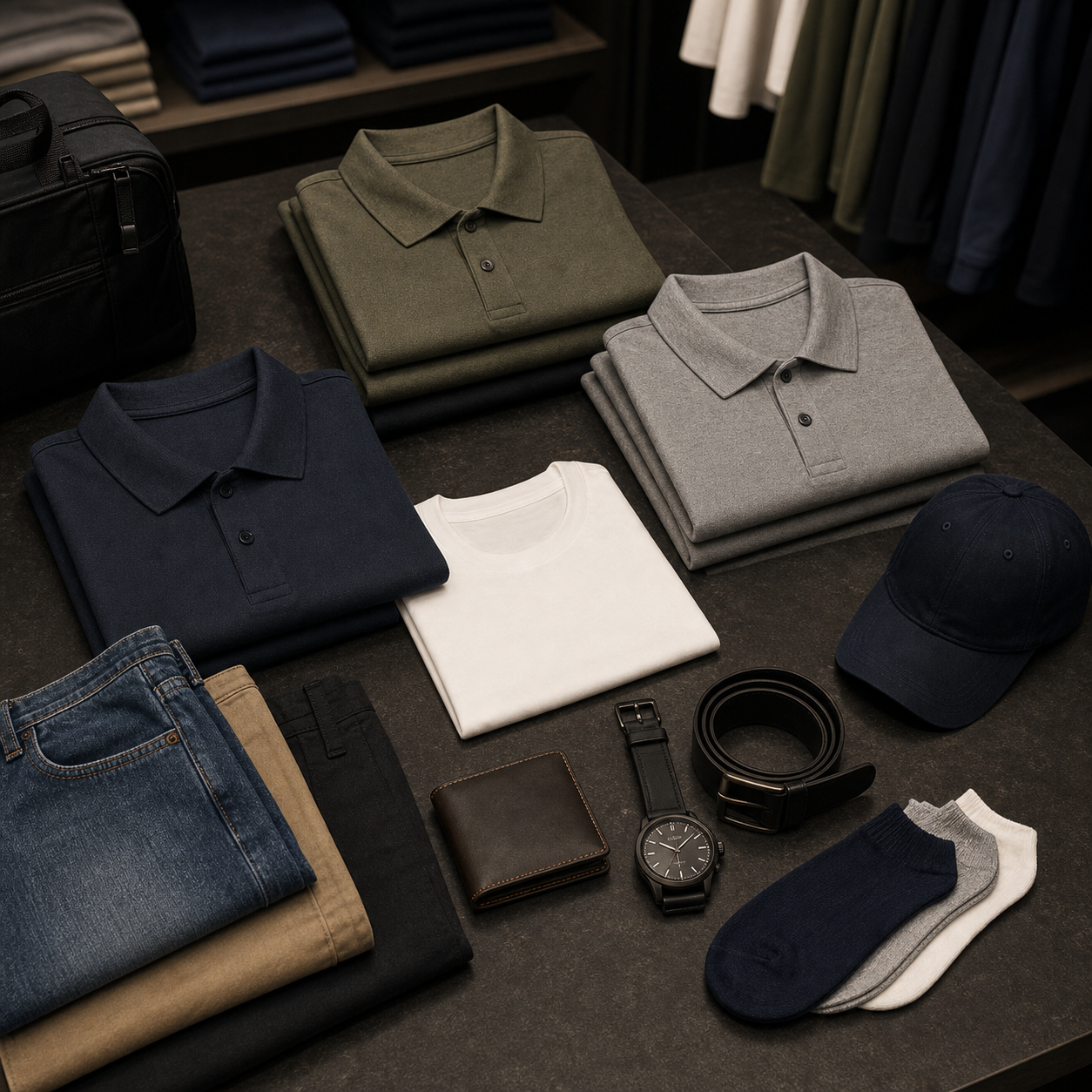 Folded polos and everyday accessories