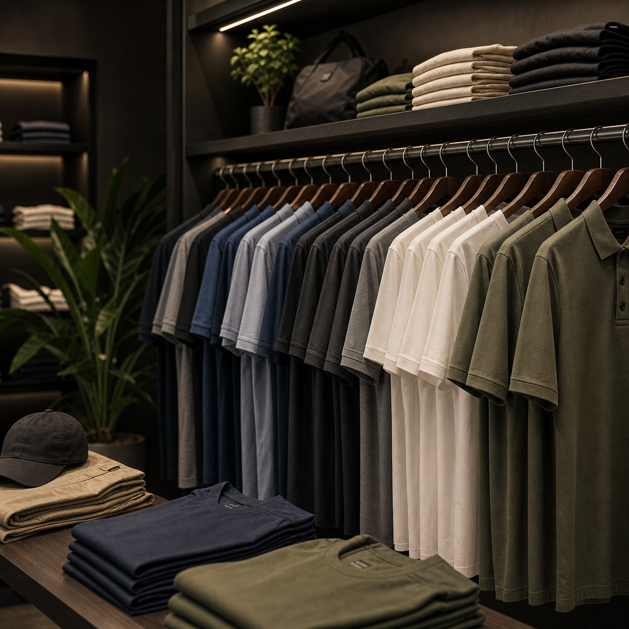 Casual clothing rack with polos and t-shirts